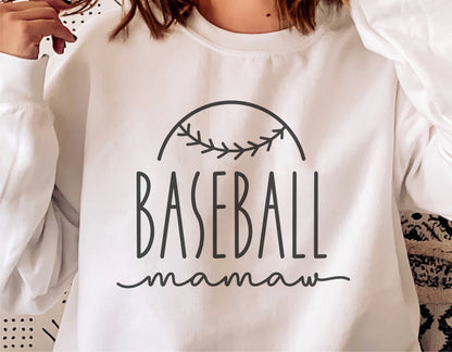 White sweatshirt featuring "Baseball Mamaw" design with a baseball motif, ideal for Cricut and sublimation projects.