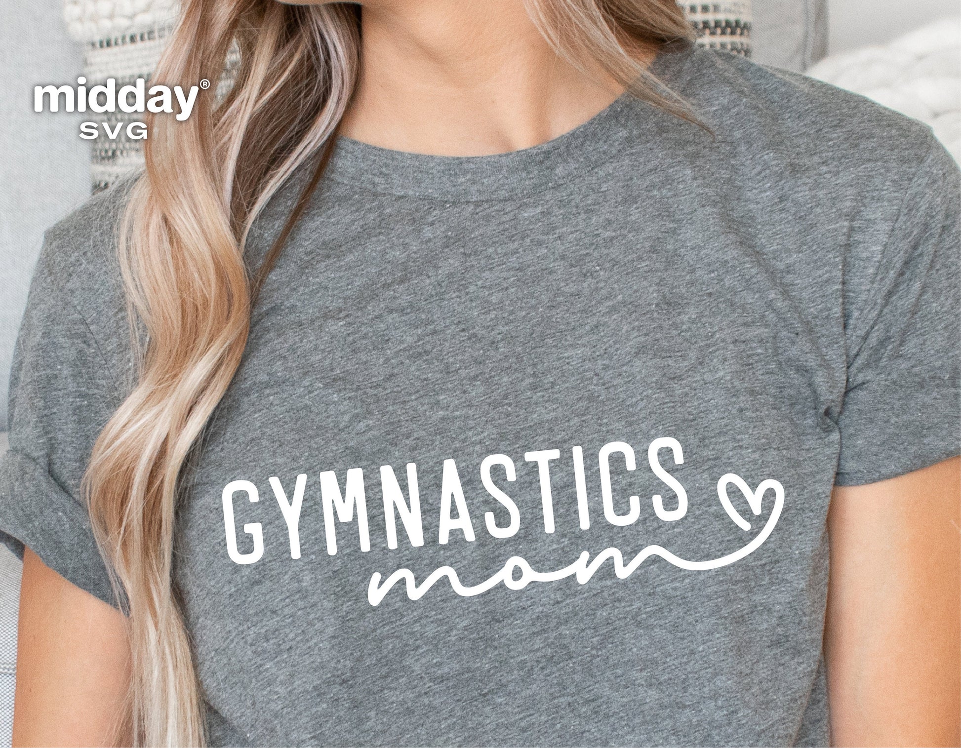 Gray t-shirt with 'Gymnastics Mom' design in white script, ideal for Cricut projects and digital downloads, perfect gift for gymnastics enthusiasts.