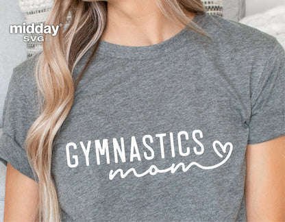 Gray t-shirt with 'Gymnastics Mom' design in white script, ideal for Cricut projects and digital downloads, perfect gift for gymnastics enthusiasts.