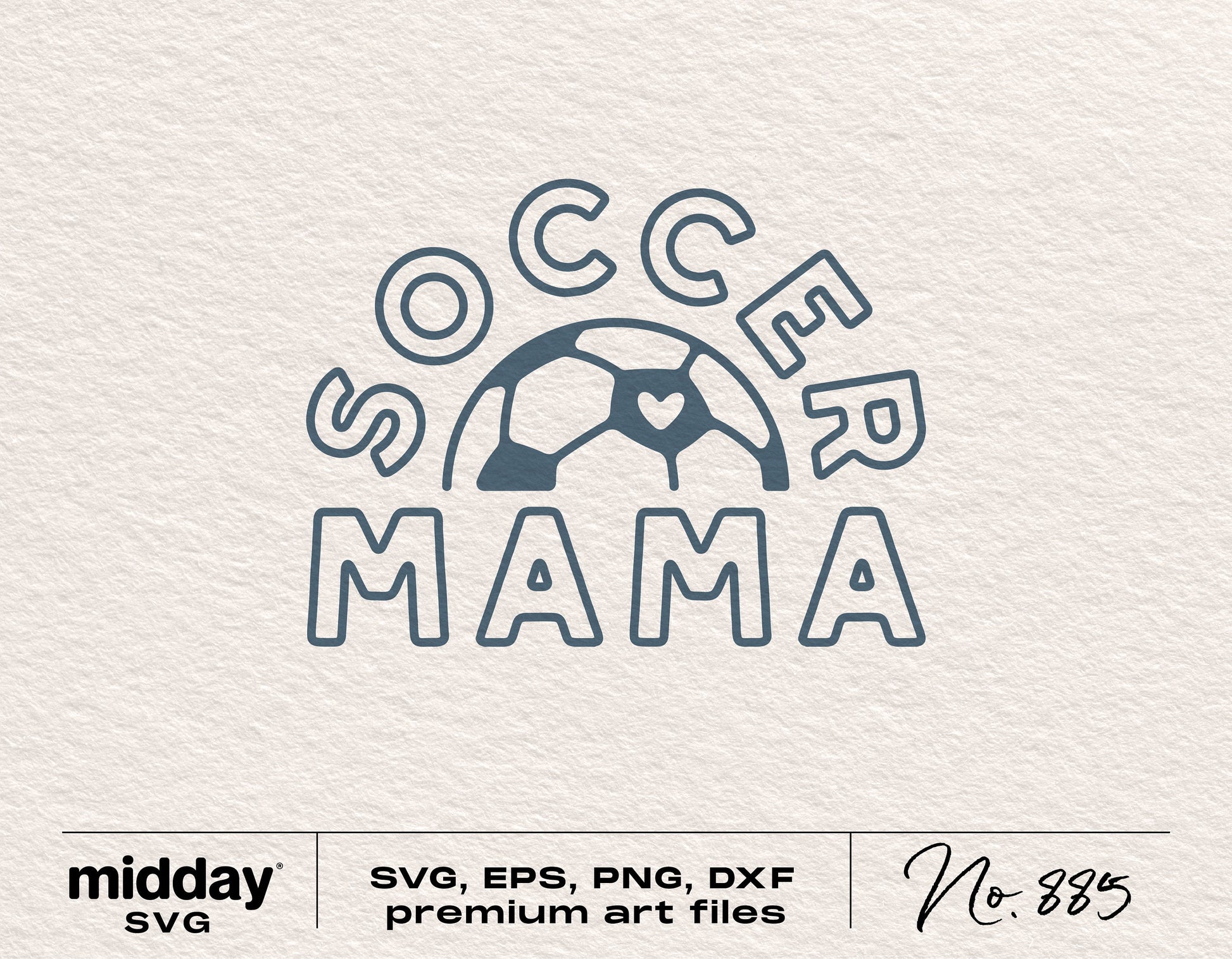 Soccer Mama SVG design featuring a soccer ball with heart, ideal for Cricut and Silhouette. Includes SVG, EPS, PNG, DXF formats.
