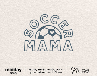 Soccer Mama SVG design featuring a soccer ball with heart, ideal for Cricut and Silhouette. Includes SVG, EPS, PNG, DXF formats.