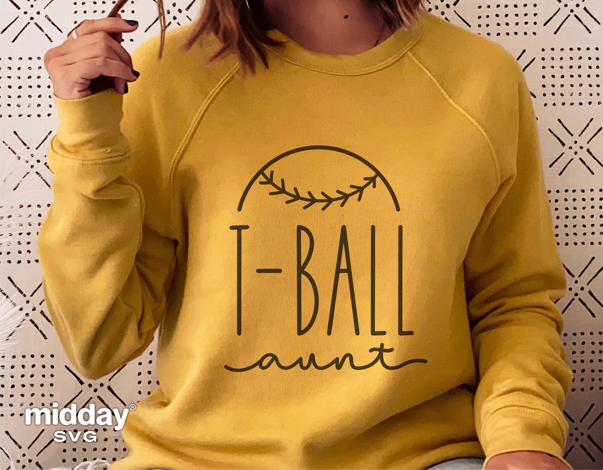 Yellow sweatshirt with T-Ball Aunt design, perfect for Cricut and Silhouette, includes SVG, PNG, EPS, and DXF cut files.