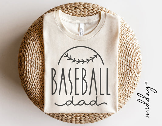 White t-shirt with 'Baseball Dad' design featuring baseball stitching, ideal for Cricut and Silhouette crafting projects.