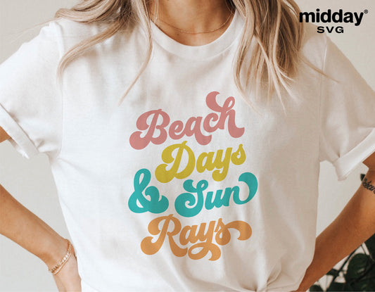 Woman wearing t-shirt with colorful Beach Days and Sun Rays design, ideal for summer Cricut and Silhouette projects.