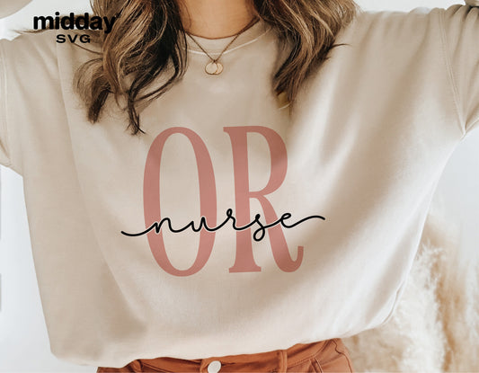 Woman wearing OR nurse shirt with stylish script lettering, perfect for cutting files, Cricut, Silhouette, or sublimation projects.