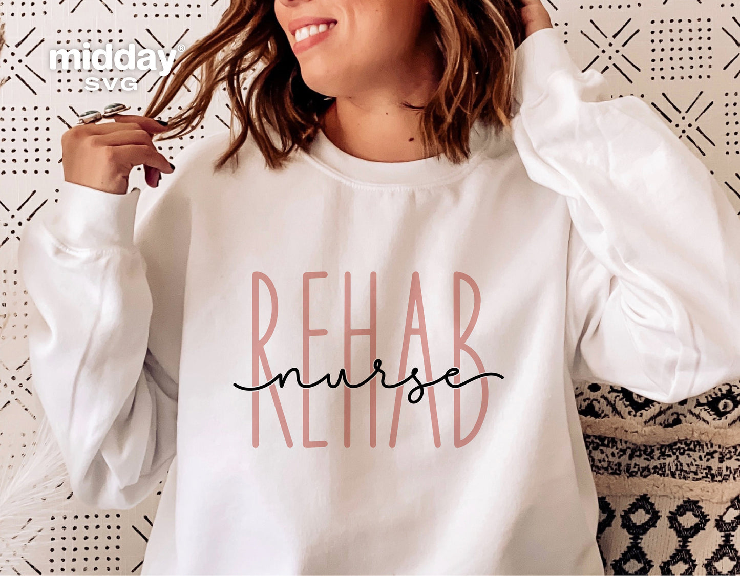 Woman wearing rehab nurse sweatshirt, perfect for Cricut and Silhouette projects, digital download SVG, PNG, DXF, EPS formats.