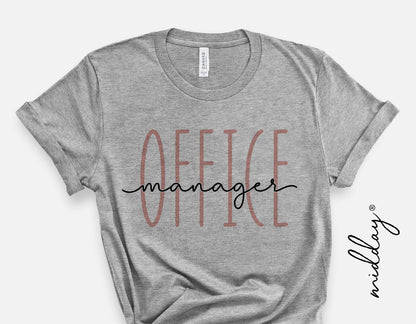 Gray t-shirt with 'Office Manager' text design for Cricut and Silhouette crafting, suitable for sublimation or vinyl projects.