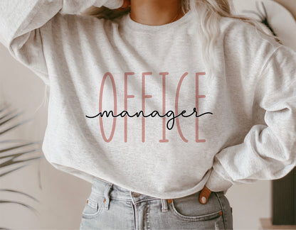 Woman wearing an 'Office Manager' sweatshirt, perfect for Cricut and Silhouette enthusiasts, showcasing stylish design on casual wear.