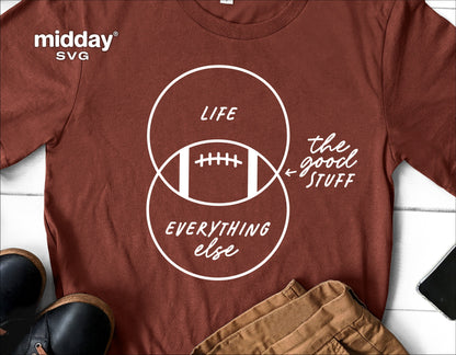 Brown t-shirt with funny football SVG design "Life, Everything Else, The Good Stuff" for Cricut and Silhouette crafting.
