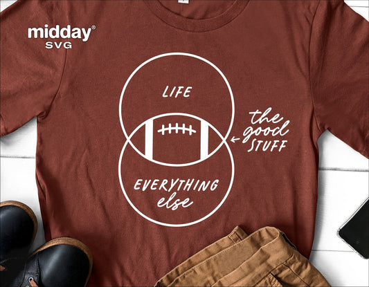 Brown t-shirt with funny football SVG design "Life, Everything Else, The Good Stuff" for Cricut and Silhouette crafting.