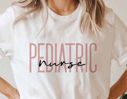 Pediatric Nurse t-shirt with stylish lettering, ideal for Cricut and Silhouette projects, available in SVG, PNG, and sublimation formats.