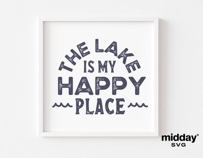 "The Lake is My Happy Place" SVG design for summer vacation, displayed in a white frame, ideal for Cricut and Silhouette projects.