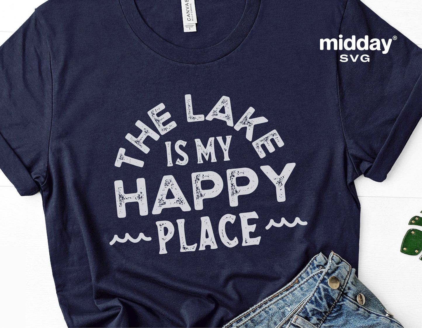 Navy t-shirt featuring 'The Lake is My Happy Place' design, perfect for lake enthusiasts. Ideal for Cricut and Silhouette projects.