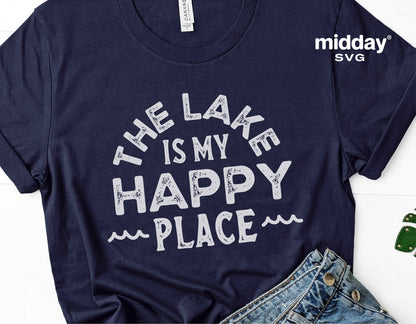 Navy t-shirt featuring 'The Lake is My Happy Place' design, perfect for lake enthusiasts. Ideal for Cricut and Silhouette projects.