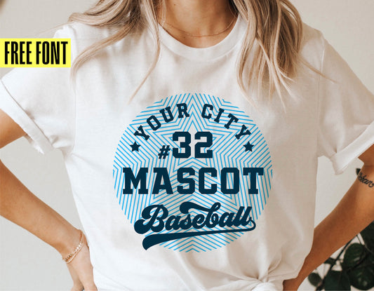 Customizable baseball team shirt design with free font, featuring "Your City Mascot #32 Baseball" text in blue.