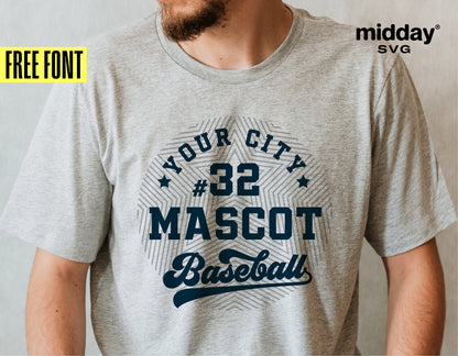 Gray baseball shirt with customizable team design and free font, showcasing the text 'Your City #32 Mascot Baseball', ideal for SVG projects.