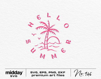 Hello Summer pink palm tree vector design, available in SVG, EPS, PNG, DXF formats for Cricut and Silhouette.