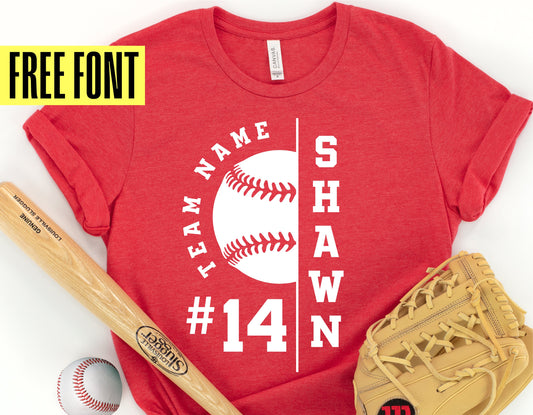 Red t-shirt with customizable T-ball team design, baseball bat, ball, glove, and free font offer.