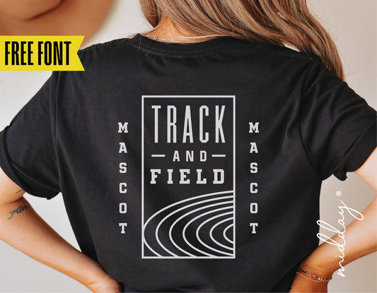 Track and Field Team Shirt SVG with customizable logo for Cricut and Silhouette, featuring black shirt with white text and track design.
