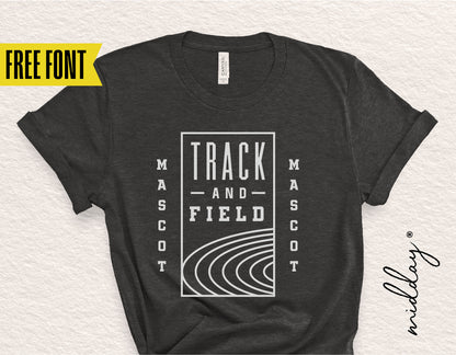 Black track and field team shirt with customizable logo and free font offer, ideal for Cricut and Silhouette designs.