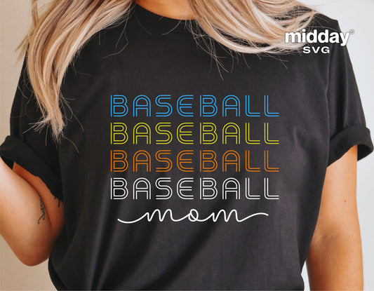 Black t-shirt with colorful 'Baseball Mom' design in SVG format, ideal for crafting projects with Cricut and Silhouette.