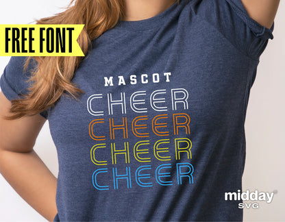 Woman wearing blue shirt with 'MASCOT CHEER' text, showcasing Retro Cheer SVG design, suitable for Cricut and Silhouette projects.