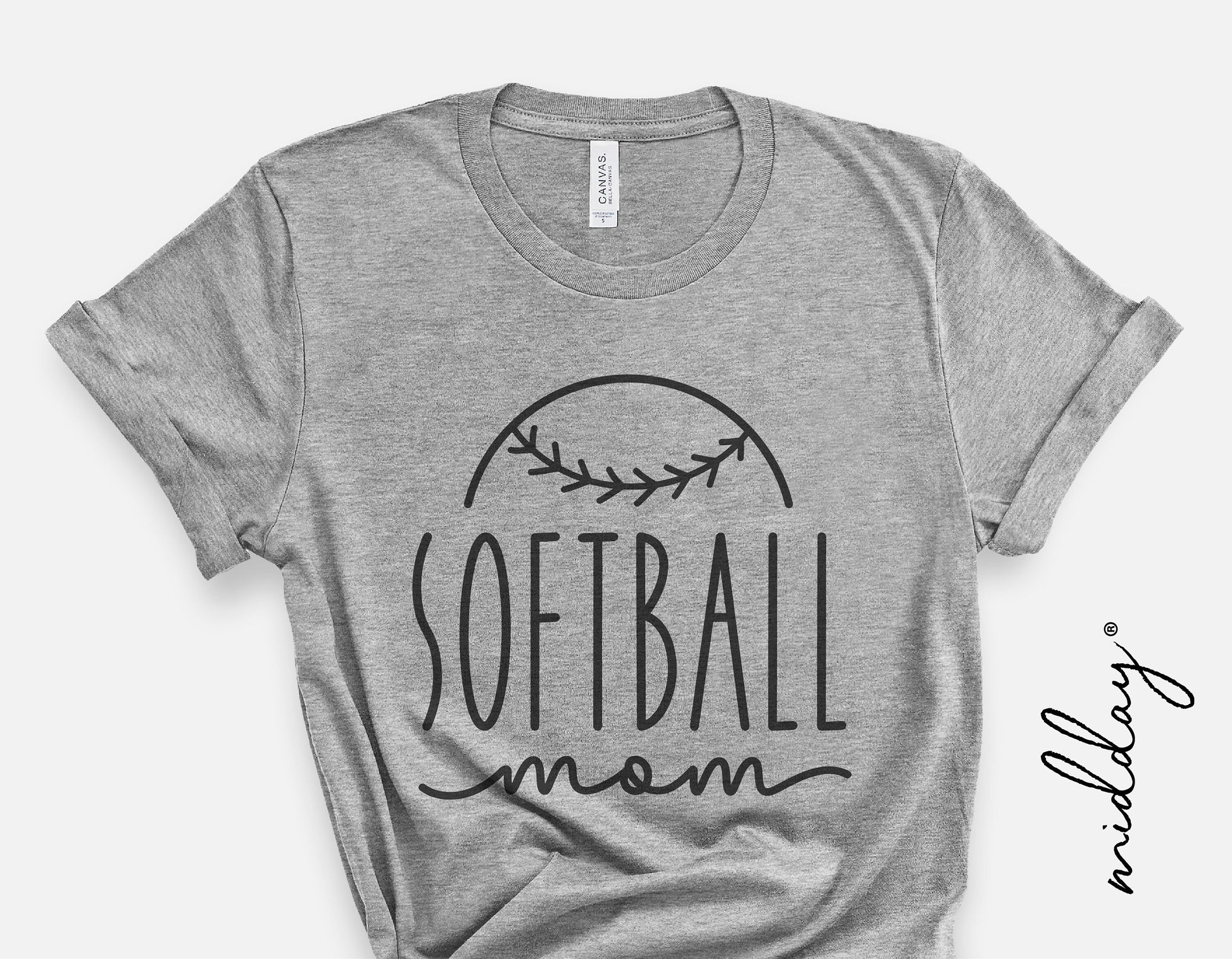 Gray t-shirt with 'Softball Mom' design, featuring a softball graphic above the text, ideal for sports fans and Mother's Day gifts.