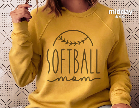 Yellow sweatshirt with 'Softball Mom' design, perfect for Cricut and Silhouette projects, available in SVG, PNG, EPS, and DXF formats.