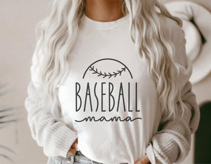 Woman wearing a white shirt with 'Baseball Mama' design, ideal for Cricut and Silhouette crafting, featuring a hand-drawn baseball motif.