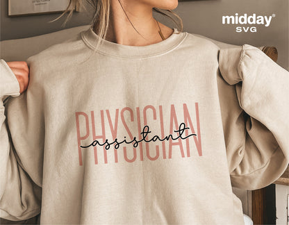 Woman wearing a beige shirt with 'Physician Assistant' text in stylish font, ideal for Cricut and Silhouette crafting.