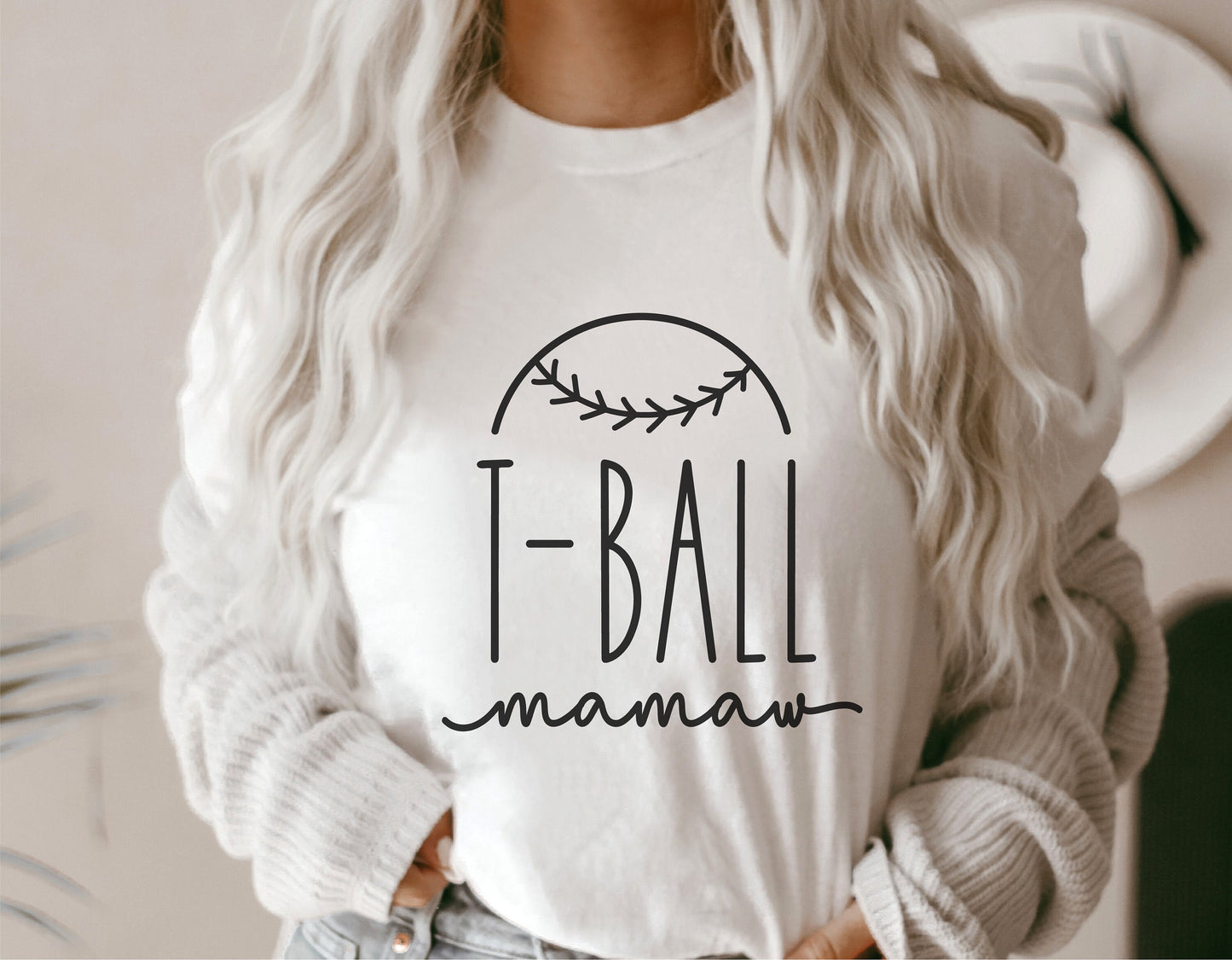 Woman wearing T-Ball Mamaw shirt, featuring baseball graphic, perfect for Cricut and Silhouette projects.