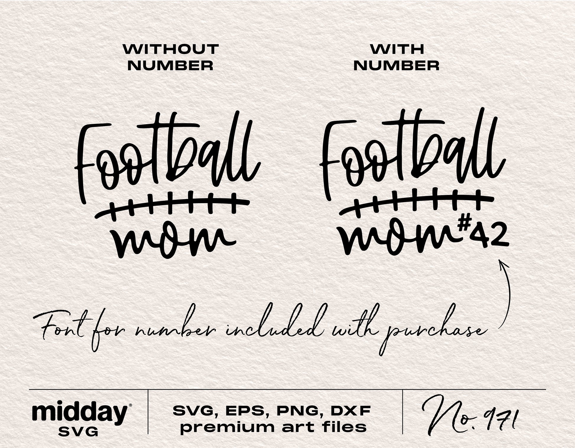 Football Mom SVG design with and without number for shirts, tumblers, and bags. Includes SVG, EPS, PNG, DXF formats for Cricut, Silhouette.