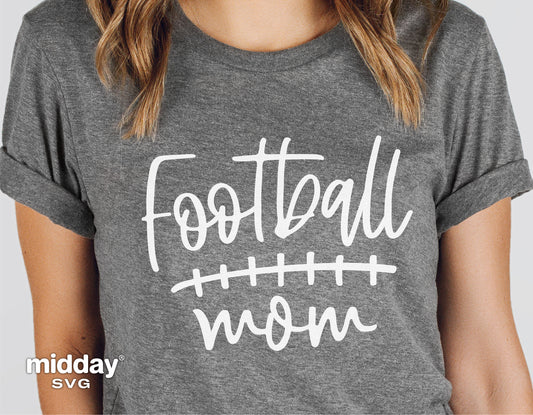 Gray t-shirt featuring 'Football Mom' design in white, ideal for Cricut or Silhouette projects, perfect for sports enthusiasts.