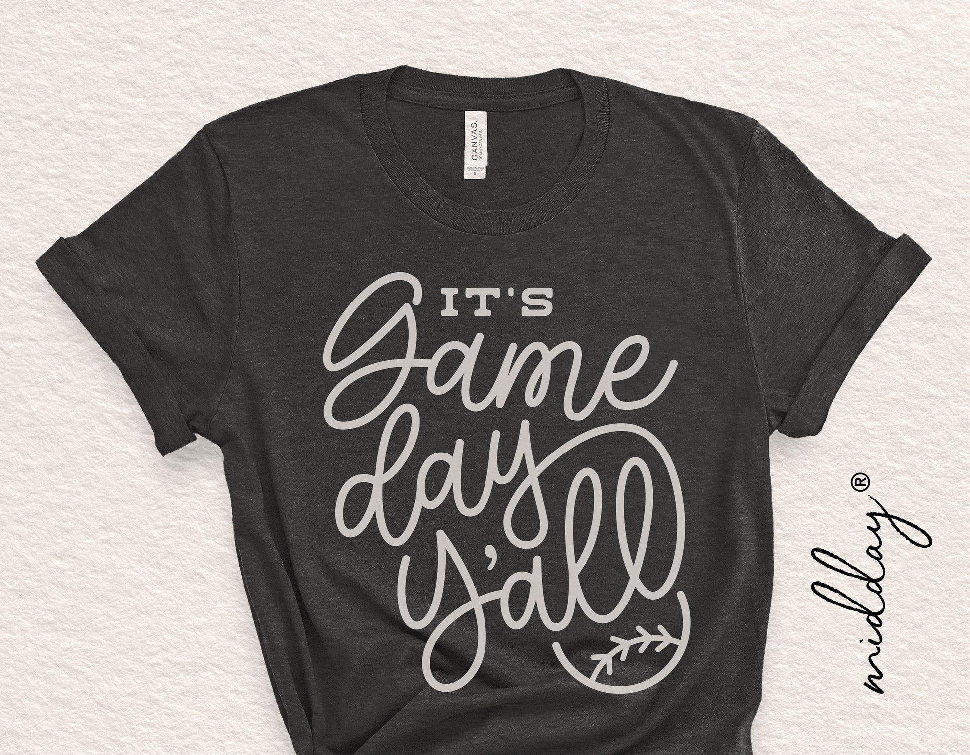Black t-shirt with 'It's Game Day Y'all' text in white, featuring a baseball design.