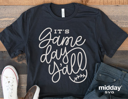 Black shirt with 'It's Game Day Y'all' text design, baseball-themed SVG for Cricut and Silhouette, casual outfit style.
