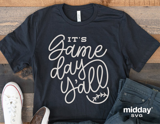 Black shirt with 'It's Game Day Y'all' text design, baseball-themed SVG for Cricut and Silhouette, casual outfit style.