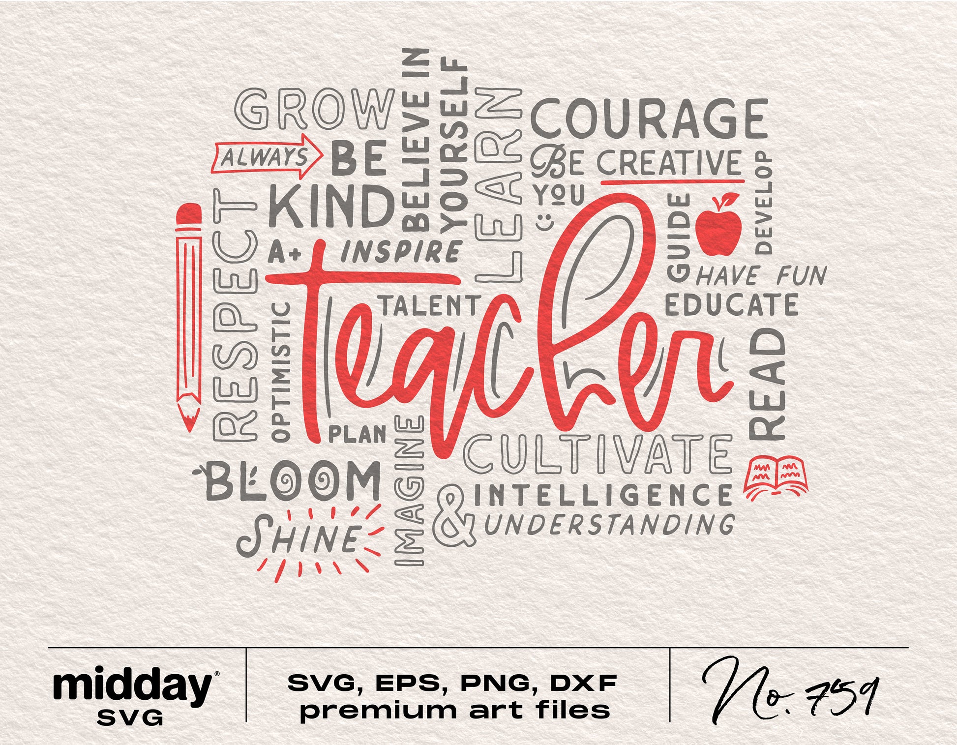 Teacher word art design for Cricut with inspirational quotes in SVG, PNG, EPS, and DXF formats. Perfect for teacher appreciation gifts.