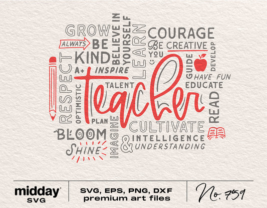 Teacher word art design for Cricut with inspirational quotes in SVG, PNG, EPS, and DXF formats. Perfect for teacher appreciation gifts.
