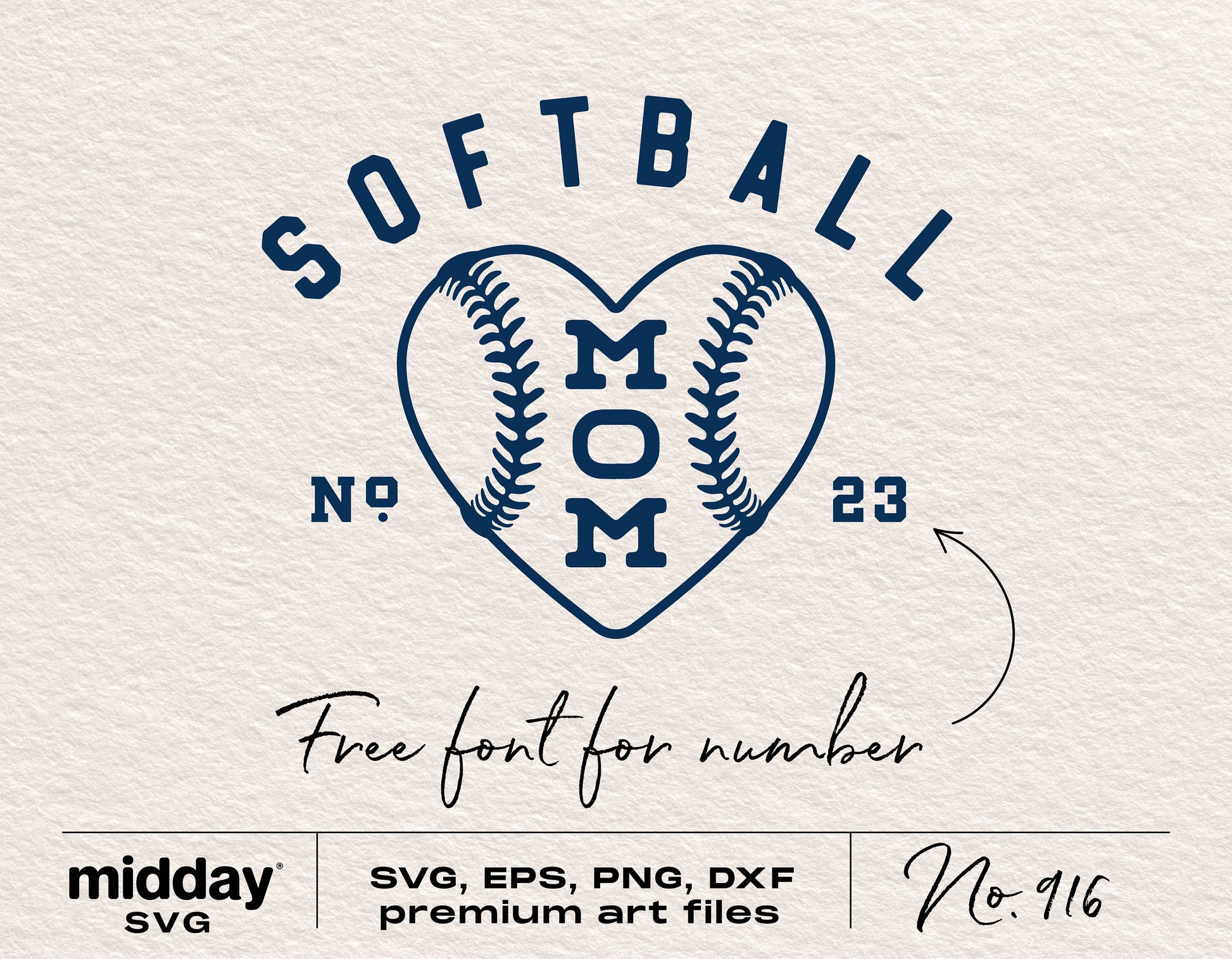 Softball Mom design in navy with heart shape and free numbers font, includes SVG, EPS, PNG, DXF files, perfect for Cricut and Silhouette projects.