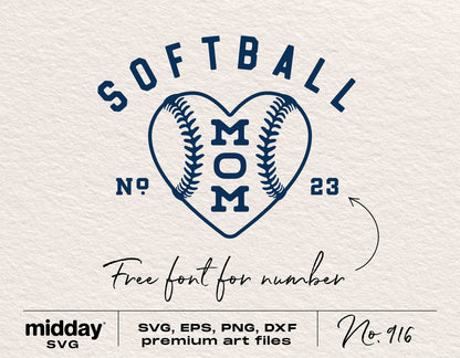 Softball Mom design in navy with heart shape and free numbers font, includes SVG, EPS, PNG, DXF files, perfect for Cricut and Silhouette projects.