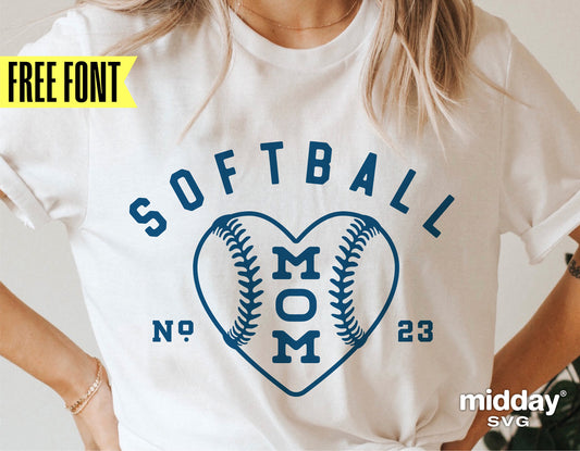 White t-shirt with blue 'Softball Mom' and heart design, perfect for Cricut or Silhouette projects, featuring free font offer.