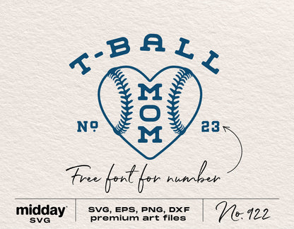T-ball Mom heart design with SVG, EPS, PNG, DXF formats, featuring baseball pattern for Cricut and Silhouette crafting.