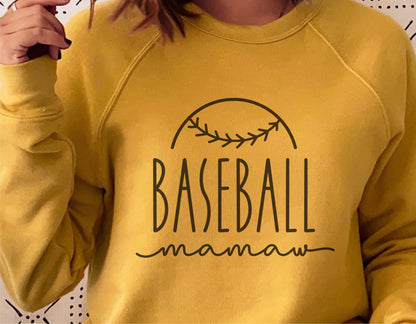 Yellow sweatshirt with 'Baseball Mamaw' design, featuring a baseball graphic, perfect for Cricut cut files and sublimation projects.