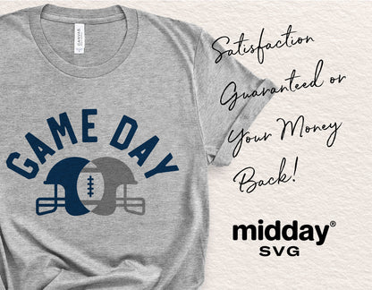 Gray t-shirt with Game Day football helmet design, offering satisfaction guarantee, midday SVG logo.