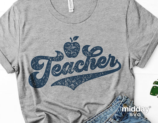 Gray t-shirt with blue 'Teacher' design featuring an apple, perfect for customization projects with Cricut or Silhouette.