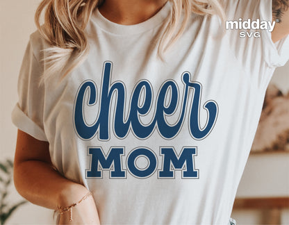 Woman wearing a white t-shirt with 'Cheer Mom' design, perfect for Cricut, Silhouette, and sublimation projects.