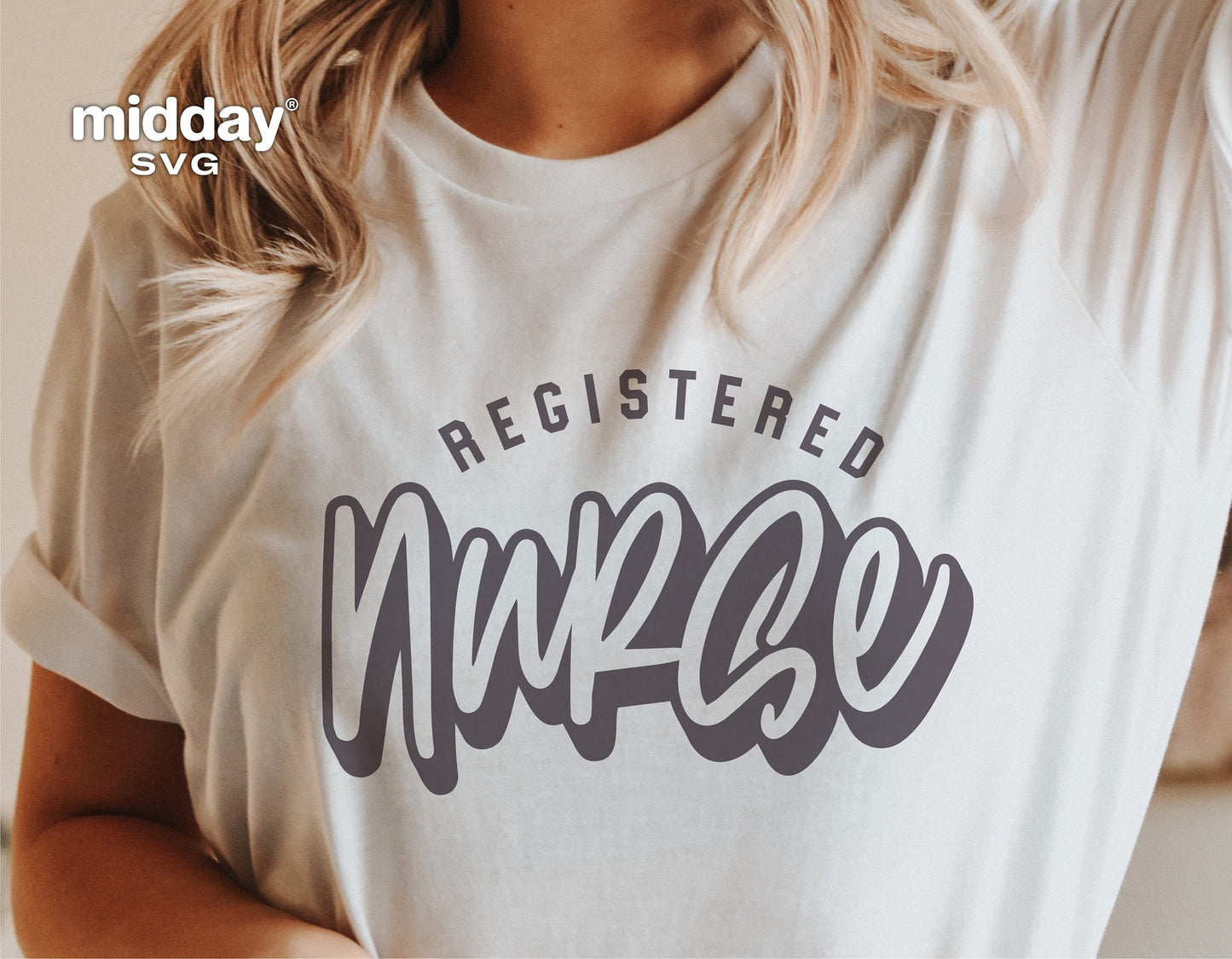 Woman wearing a t-shirt with 'Registered Nurse' design, perfect for RN shirts, badge reels, Cricut projects, and nurse-themed merchandise.