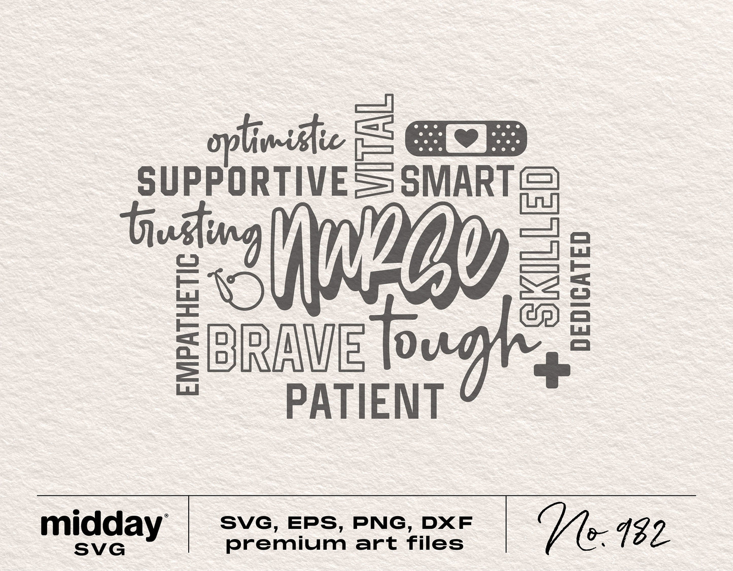 Nurse word art with words like 'supportive', 'vital', and 'brave'; includes stethoscope and medical symbols; SVG format.
