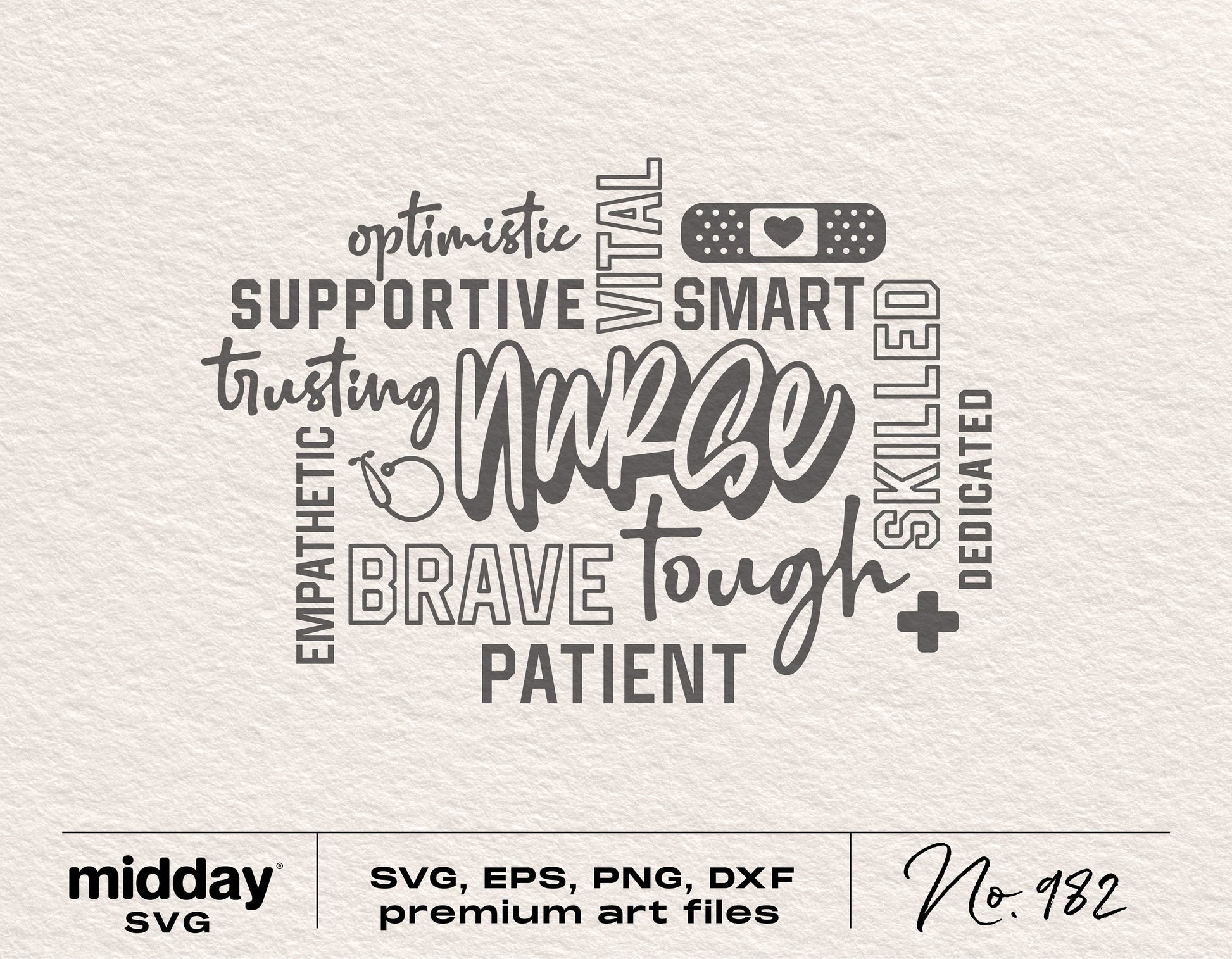 Nurse word art with words like 'supportive', 'vital', and 'brave'; includes stethoscope and medical symbols; SVG format.