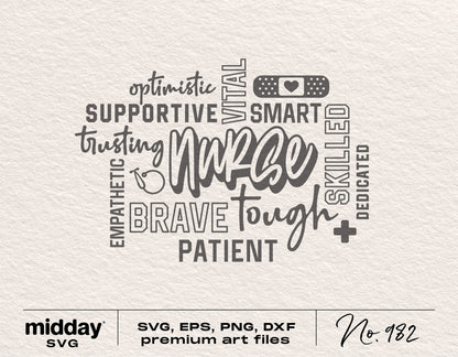 Nurse word art with words like 'supportive', 'vital', and 'brave'; includes stethoscope and medical symbols; SVG format.